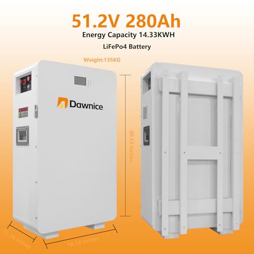 Dawnice 48V 280Ah LifePo4 Lithium Solar Battery 16S Class A Battery Fabrication Built-in 100A BMS 6000+ Deep Cycles, 14.33kwh Solar Storage Battery Wall Mounted for Solar System, RV