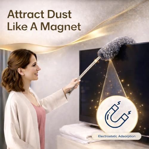 Image of 4-in-1 Microfiber Feather Duster with 100-inch Extendable Pole - Bendable & Telescopic High Ceiling Fan Cleaner - Washable Multi-Angle Dusting Tool for Window Blinds, Furniture, Car & Home