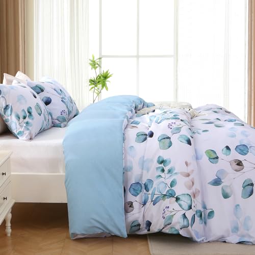 MUXHOMO Duvet Cover Queen Size, Reversible Floral Blue Duvet Cover Set with Zipper Closure, 3 Pieces Botanical Patterns Soft Microfiber Bedding Set with 4 Ties (90"x90", 2 Pillow Cases)