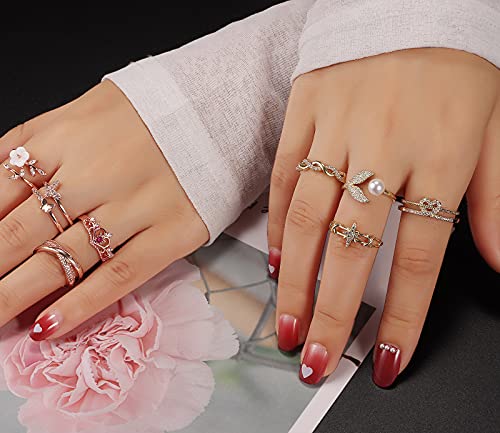 TAMHOO 9/12/15/16 Pcs Open Rings Set for Women with Sparkling Cubic Zirconia- Finger Rings Pack Stackable Rings for Teens,White Gold/Rose Gold/Gold Tone Rings for Girls3
