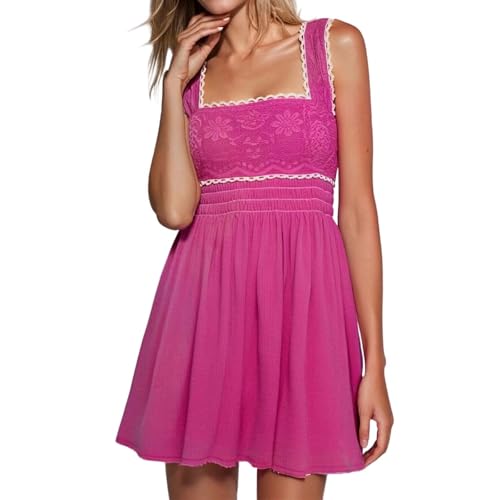 SUPTTING Vestido de verano para mujer, parte superior de encaje, cuello cuadrado, sin mangas, dobladillo fruncido, vestido de encaje fluido, minivestido de tirantes, vestido informal, femenino