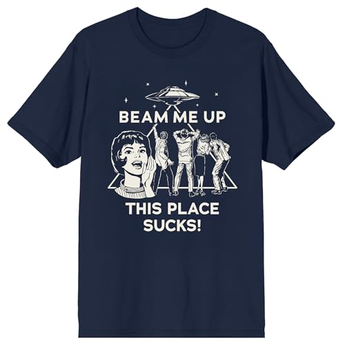 Stranger Things 5 Beam Me Up Scotty This Place Sucks Adult Navy Crew Neck Short Sleeve T-Shirt-Large