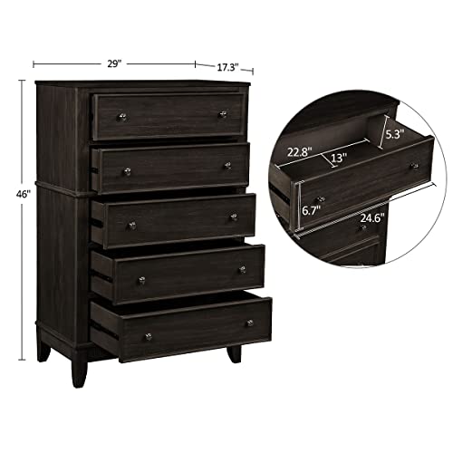 Elountik Mid Century Solid Wood Chest With 5 Drawers, Felt-Lined Top Drawer, Chest Of Drawers For Bedroom, Living Room, Entryway, Coffee Color, Chest #TOP5
