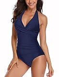 SEBOWEL Badeanzug Damen Raffung V Ausschnitt Monokinis Bauchweg Einteilige Bademode Swimsuit Dunkelblau M
