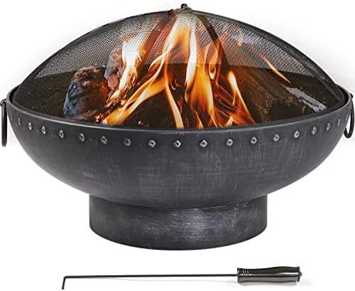 Wostore Outdoor Fire Pit Bronze Cauldron Camping Bonfire Patio Backyard Fireplace with Spark Screen and Poker Campfire Black (30 Inch Cauldron)