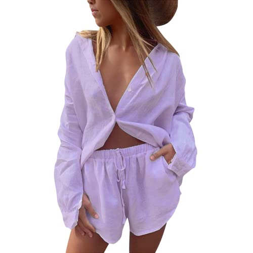 ZhaZhaMeng Zweiteiler Damen Sommer Plissee Set Elegant Hosenanzug Button Down Langarmshirt Loungewear Set + High Waist Freizeithose Weite Hose Herbst Outfit Casual Streatwear (Lila A,XL ) Cover