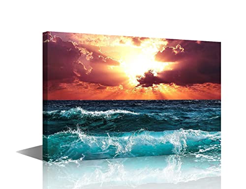 Wall Art Sea Waves Canvas Prints Wall Art Ocean Beach Pictures Paintings for Living Room Bedroom Office Home Decorations Modern Stretched and Framed Seascape Giclee Artwork Ready to Hang 16X24in