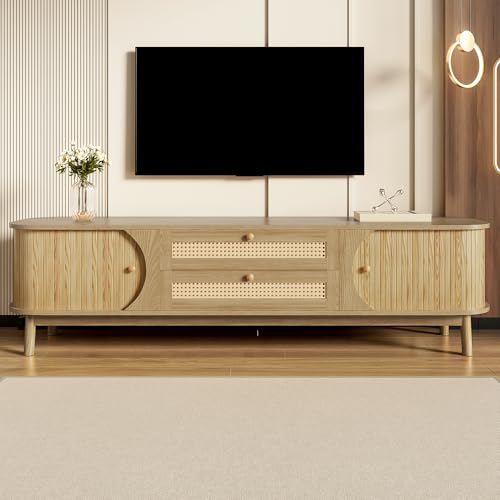Merax Rattan TV-Schrank Massivholz TV-Ständer mit Türen &...