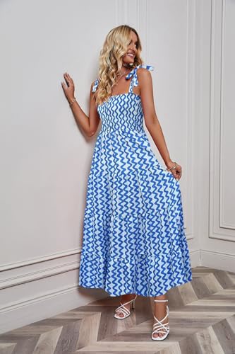 Image of kinstell Women's Summer Boho Spaghetti Strap Square Neck Ruffle Casual Flowy Long Dress Beach Swing Party Maxi Dress