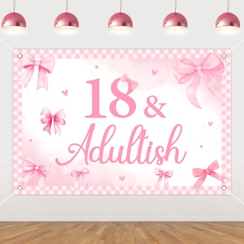 Pink Bow Coquette 18th Birthday Decorations Pink Bow 18 & Adultish Backdrop Happy 18th Birthday Decorations for Party Decor for Girls Women Photography Backgrounds Bachelorette Supply