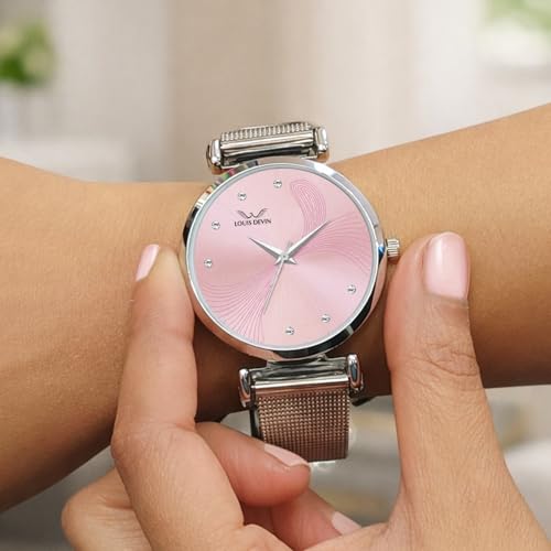 Image of LOUIS DEVIN Mesh-Type Stainless Steel Chain Analog Wrist Watch for Women (Black /Blue /Pink /Green Dial) | LD-L504-CH