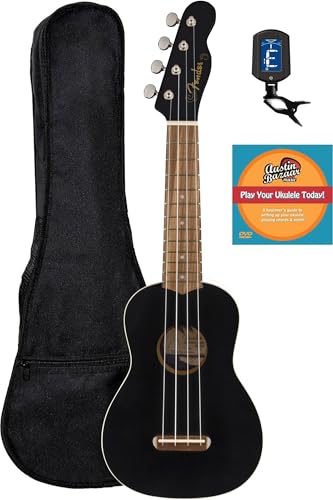 Fender Venice Soprano Ukulele - ギグバッグ、チューナー、オースティンバザールインストラクションDVD付きブラックバンドル