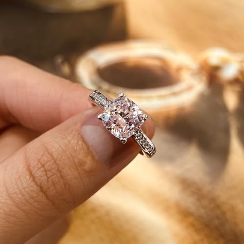 DoubleAccent Platinum Plated Sterling Silver Ring 2 CT Cushion Cut Light Pink CZ Stone Pave Band Wedding Engagement Ring (Size 5 to 9)4