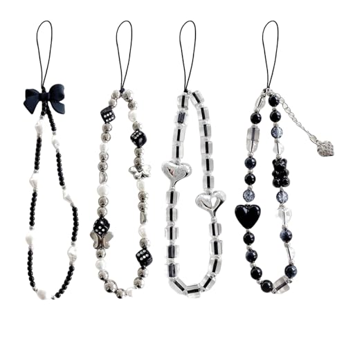 Cosmeria 4 Stück Goth Beaded Phone Charms Set, Stylische Schwarze Handyanhänger Aus Acryl Und Nylon, Oder Mode-Accessoire