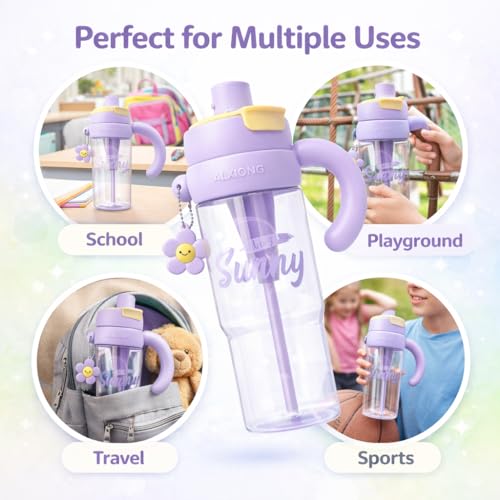 Image of Vasukie 1200ml Kids Water Bottle with Sipper Cap | BPA-Free, Anti-Leak & Stylish | Light Purple, Perfect for School Girls & Kids (Daisy Handle Bottle)