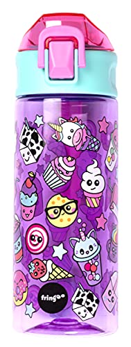 Fringoo - Comida Linda - Botellas de Agua Libres de BPA - Botella de Agua con Pajita Rosa - Botella de Agua Reusable - 600 ml / 20 Oz Cover