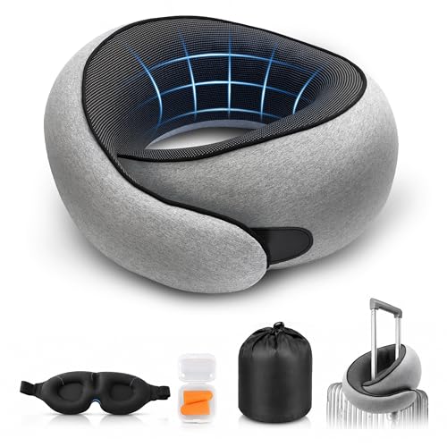 Purroch G-Shape Memory Foam Travel Neck Pillow - 100% Pure Foam Ergonomic Support with Eye Mask & Ear Plugs for Airplane Flights, Car Trips & Office Naps, Beige Gray