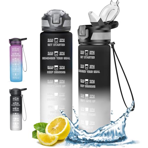 1L Water Bottle with Straw, Tritan BPA Free Sports Bottle Leakproof, Reuseable Drinking Bottles with Time Marker and Strap, Durable Drink Bottles for Gym, Sports, Outdoor, Cycling- Black/White
