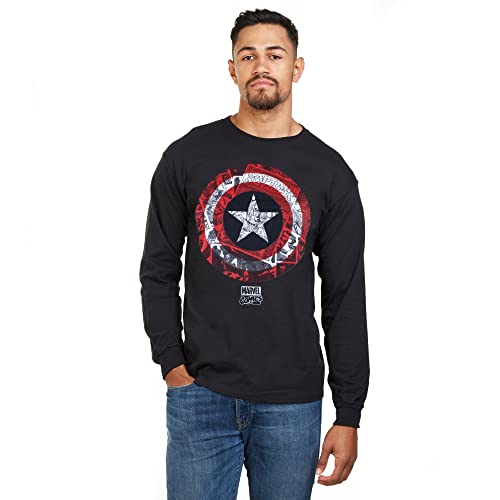 Marvel Escudo del cómic del Capitán América Camiseta de Manga Larga, Negro, L para Hombre