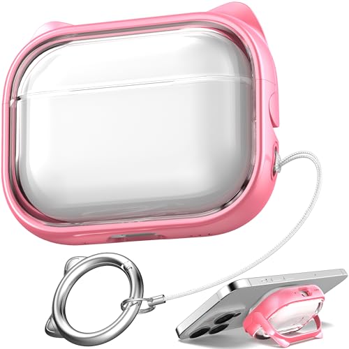 Image of for AirPods Pro 2 Case with Cleaning Kit, Cute Cat Ear Print Design & Cute Buckle for Girls, Phone Holder & Top Safe Lock Buckle Design for AirPods Pro 2nd /1st Gen case, Clear Flowers