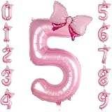 LEBERY Pink Bow Balloons 40 Inch Pink Number 5 Balloon Jumbo Number 5 Birthday Balloons for Girls, Mini Bowtie Foil Balloon for Princess Cowgirl Mouse Themed 5th Birthday Baby Shower Decorations
