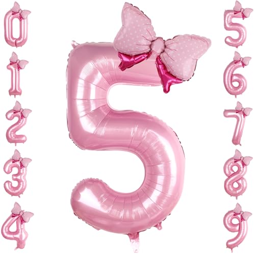 LEBERY Pink Bow Balloons 40 Inch Pink Number 5 Balloon Jumbo Number 5 Birthday Balloons for Girls, Mini Bowtie Foil Balloon for Princess Cowgirl Mouse Themed 5th Birthday Baby Shower Decorations