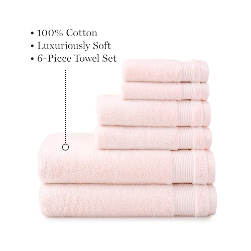 MARTHA STEWART 100% Cotton Bath Towels Set Of 6 Piece, 2 Bath Towels, 2 Hand Towels, 2 Washcloths, Quick Dry Towels, Soft & Absorbent, Bathroom Essentials, Blush Pink