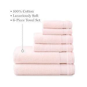 MARTHA STEWART 100 Cotton Bath Towels Set Of 6 Piece 2 Bath Towels 2 Hand Towels 2 Washcloths Quick Dry Towels Soft Absorbent Bathroom Essentials Blush Pink