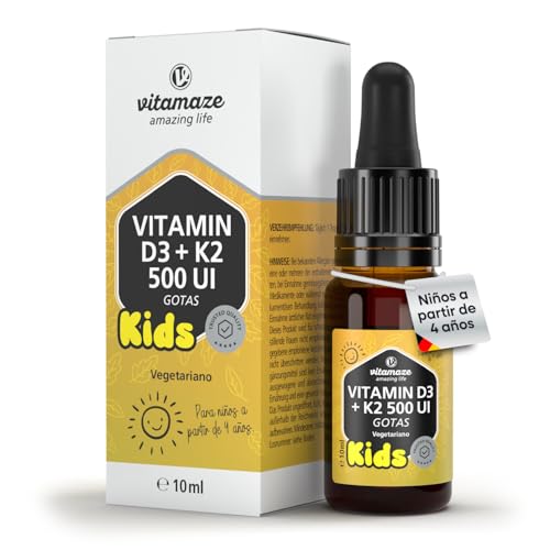 Gotas Vitamina D3+K2 para Niños, 500 UI D3 + 25µg K2 por Gota, Solo 1 Gota Diaria, Suministro 10 Meses, Aceite MCT, Con Pipeta - Dosificación Óptima para Niños, Made in Germany