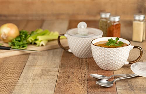 Kook Ceramic Soup Mugs, Embossed, With Handle And Vented Plastic Lid, Perfect For Overnight Oats, Microwave And Dishwasher Safe Travel Cups, Cream With Gold Accents, 18 Oz, Set Of 2, (Rounded Set) #TOP2