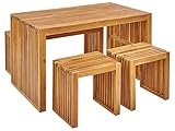 Conjunto de jardín de madera, con mesa, banco y 2 taburetes para un uso compacto y versátil