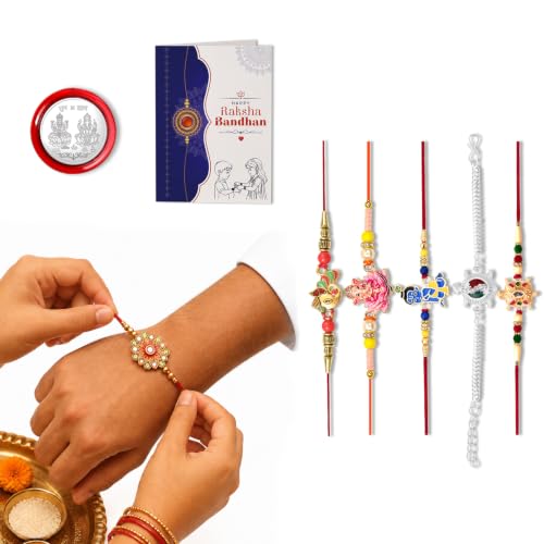 Image of Periapt Rakhi Gift Set for Brother & Bhabhi - Traditional Rakhis with Silver Coin & Greeting Card - Combo for Raksha Bandhan