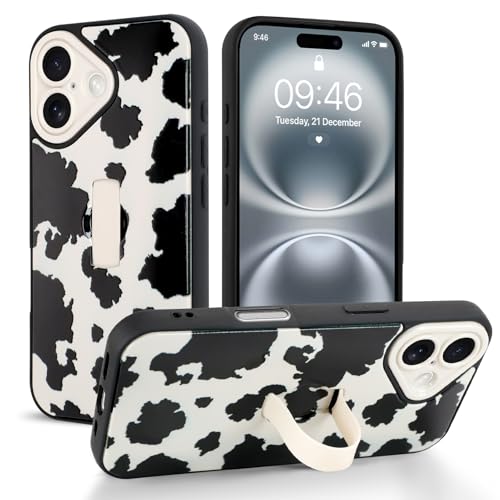 Jefonha Cute for iPhone 16 Case with Strap Stand, Milk Cow