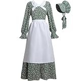 CR ROLECOS Pioneer Prairie Dress Women Colonial Pilgrim Costume 1800s Civil War Amish Historical Old Fashioned Floral Dresses with Bonnet Apron 3 Piece Set for Pioneer Trek Events, Green L