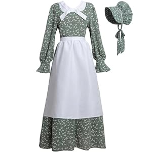 CR ROLECOS Colonial Prärie-Kleid für Damen, Blumenmuster, Amish-Kleid, Pilger-Kostüm, Pionier-Trek-Kleidung, 3-teilig, Grün, Größe L