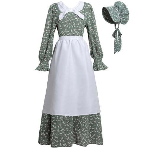 CR ROLECOS Pioneer Prairie Dress Women Colonial Pilgrim Costume 1800s Civil War Amish Historical Old Fashioned Floral Dresses with Bonnet Apron 3 Piece Set for Pioneer Trek Events, Green L