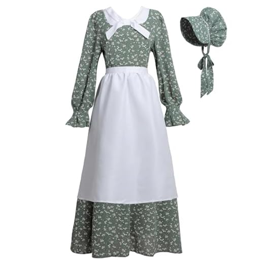 Amish Costumes For Men And Women CR ROLECOS Colonial Prairie Dress Women Floral Amish Dresses Pilgrim Costume Pioneer Trek Clothing 3 Pcs Green M