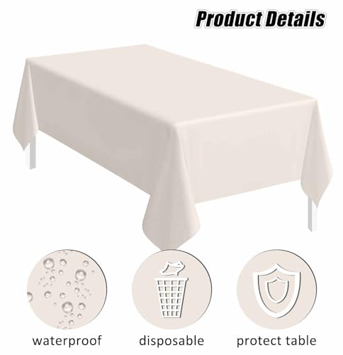 Image of SietDESEO 2 Pack Ivory Plastic Tablecloth Rectangle 54 x 108 Premium Disposable Table Cloth Plastic Ivory Table Cover for Wedding Baby Shower Party Decorations