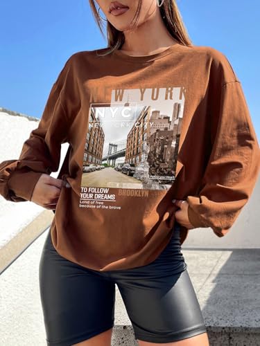 Image of CHKOKKO Oversized Round Neck Drop Shoulder Printed Polyester Full Sleeves T-Shirt for Women