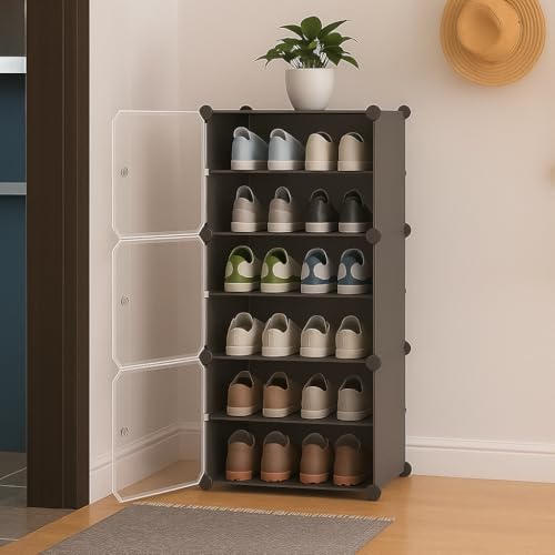 Sunderlook Shoe Rack Plastic for Home- Shoe Stand, Chappal Stand, Professional Multipurpose Foldable Standing Comfort Runner Shoe Rack with Door, Slipper Stand (Dark Grey, 6 Shelf 3 Door)