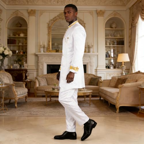 Men`s Suit Double Breasted Slim Fit Embroidery Chain Blazer and Pants Set Dashiki Outfits African Clothes X-Large White by OAQAO - Used condition - Image 5