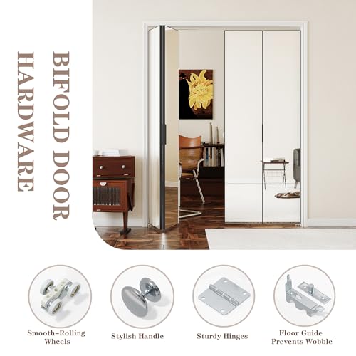 Image of Bifold Door for 72 inchx80 inch Opening, Preassembled Aluminum Alloy Mirrored Folding Door with Hardware Kit Included, Interior Bi fold Barn Door for Bedroom & Closet, Black