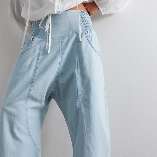 utcoco Womens Smocked Mid Rise Barrel Jeans Y2k Vintage Baggy Wide Leg Jeans Cropped Denim Harem Pants3