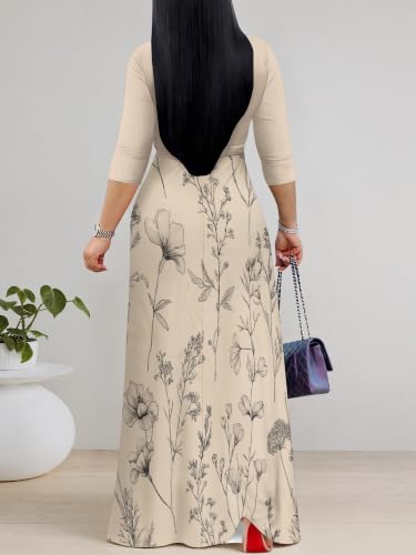 Image of PinkPatty Women's Plus Size Maxi Dresses Casual Flowy 3 /4 Sleeves Dress Printed Vacation Dress for Daily Wear with Belt