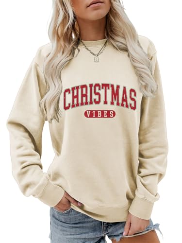 Christmas Vibes Sweatshirt Retro Winter Season Sweater Xmas Holiday Shirts Women Crewneck Merry Bright Pullover Tops Beige
