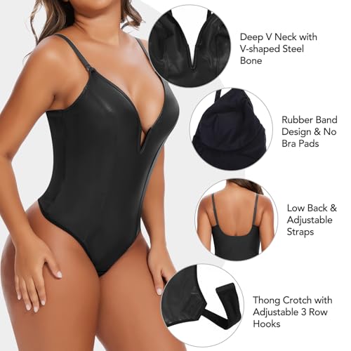 SHAPERIN Women's Deep V Neck Faux Leather Bodysuit Tummy Control Shapewear Thong Body Shaper Plunge Cami Corset Top (Large,Black)