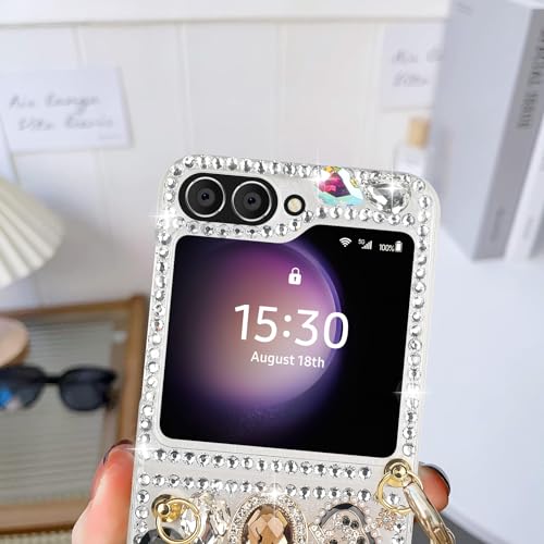 Omio for Galaxy Z Flip 7 Bling Case with Hand Chain Wrist Strap Bracelet Silk Scarf for Girls Women Sparkle Rhinestone Pearl Crystal Glitter Diamond Shockproof Cover for Galaxy Z Flip 7 Black by Omio - Used condition - Image 6