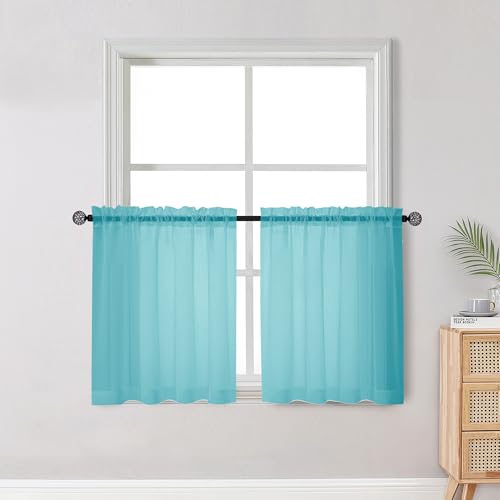 Image of OWENIE Short Aqua Sheer Curtains 30 Inch Length 2 Panels Set, Kitchen Curtains Tiers Light Filtering Rod Pocket Cafe Curtain for Basement Bathroom Small Half Window, 42 inch W x 30 inch L, Aqua