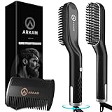 Arkam Premium Beard Straightener for Men - Ionic Technology Heated Beard Brush - Includes Dual Action Fine Wooden Comb & Travel Bag