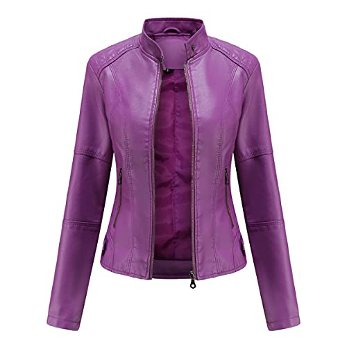 YYNUDA Leather Jacket Women PU Biker Moto Jacket Zip Up Classic Short Bomber Jacket Standing Collar Motorcycle Coat Purple S